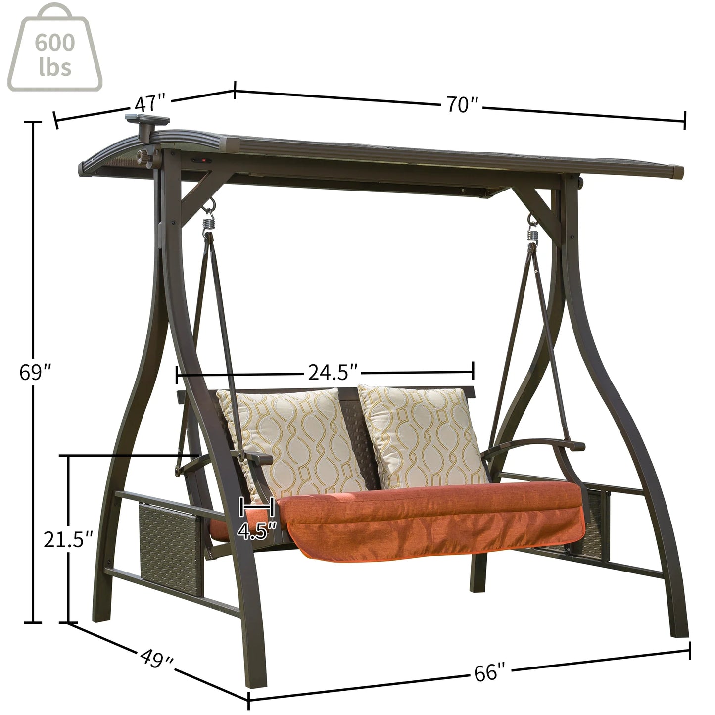 Patio Porch Swing 2 Person Adjustable Canopy Deluxe Hammock Swing Glider with Solar LED Light and 2 Sunbrella Cushions for Outdoor Garden, Balcony, Backyard by Domi outdoor living