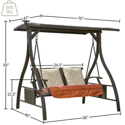 Patio Porch Swing 2 Person Adjustable Canopy Deluxe Hammock Swing Glider with Solar LED Light and 2 Sunbrella Cushions for Outdoor Garden, Balcony, Backyard by Domi outdoor living