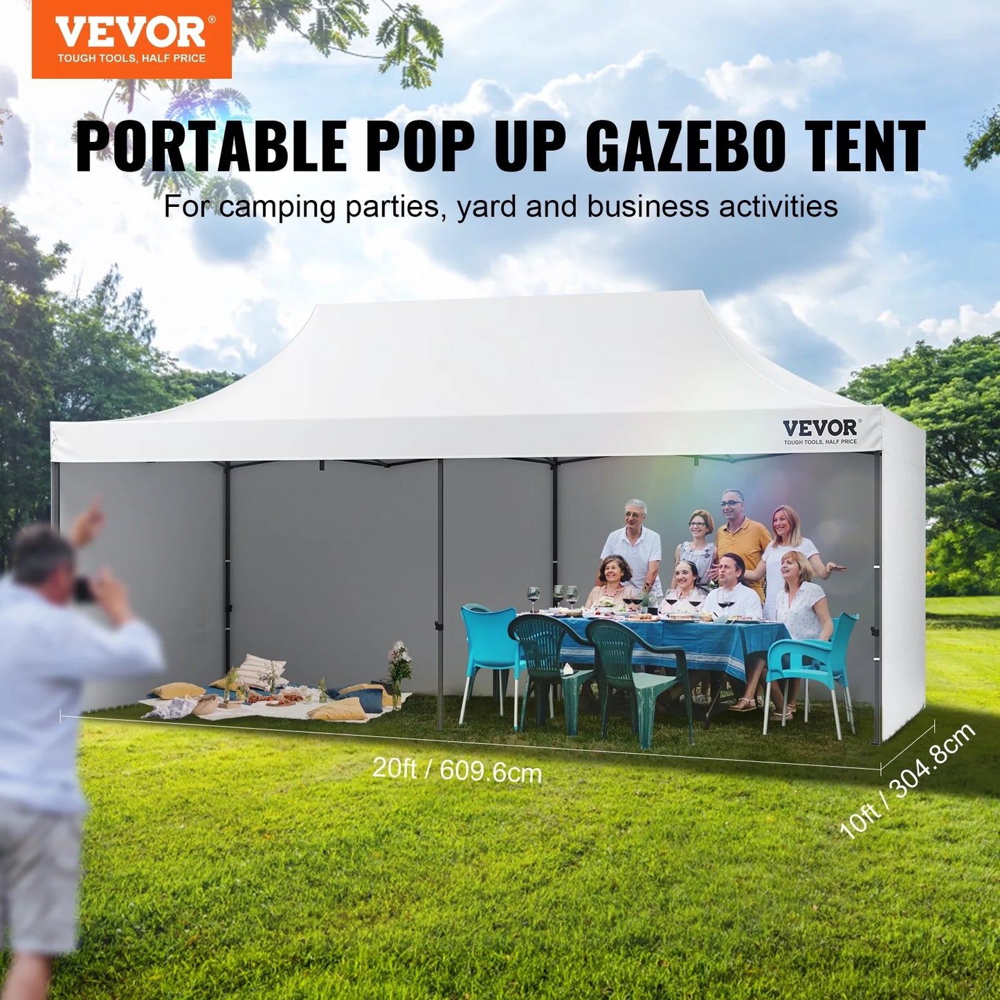VEVOR 10x20 FT Pop up Canopy with Removable Sidewalls, Instant Canopies Portable Gazebo & Wheeled Bag,UV Resistant Waterproof, Enclosed Canopy Tent for Outdoor Events, Patio, Backyard, Party,Parking