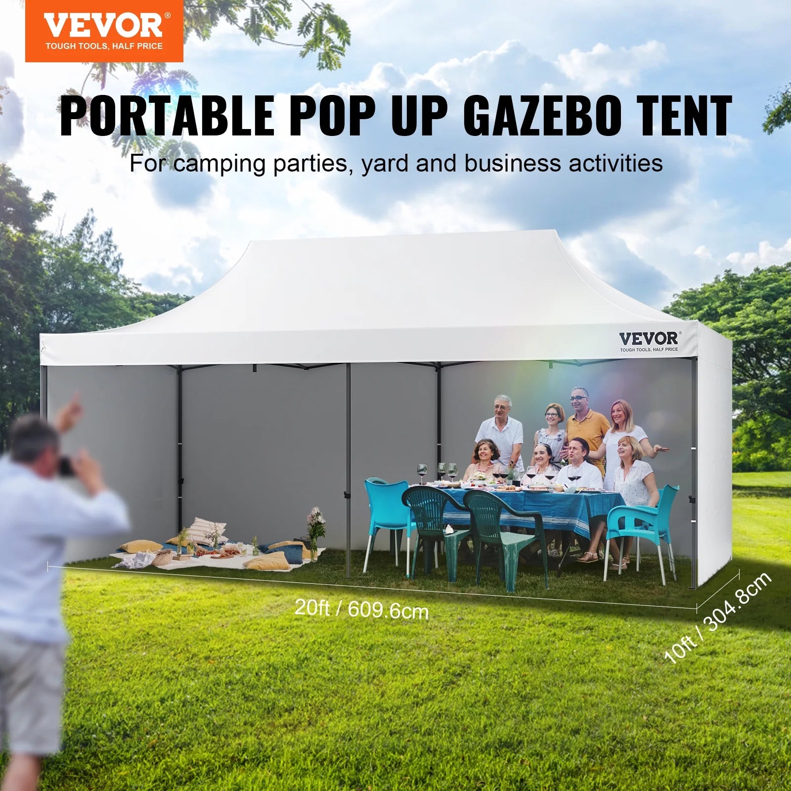 VEVOR 10x20 FT Pop up Canopy with Removable Sidewalls, Instant Canopies Portable Gazebo & Wheeled Bag,UV Resistant Waterproof, Enclosed Canopy Tent for Outdoor Events, Patio, Backyard, Party,Parking