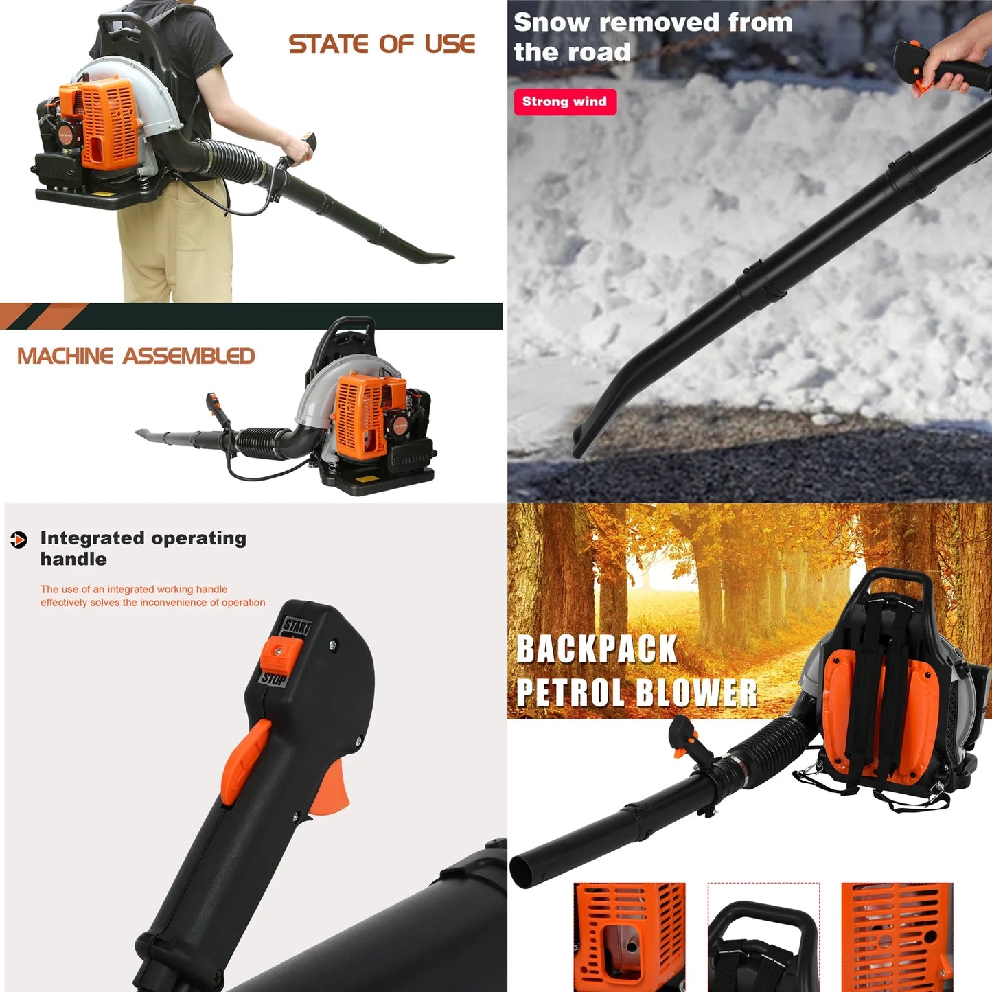 Limorve EB650 Backpack Leaf Blower, 2-Stroke Engine Multi-purpose 63 Cubic Centimeter High Strength Snow Blower for Lawn Care, Patio, Sidewalk,Snow Blowing-Orange