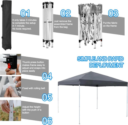PRZL 10x10 Pop Up Canopy Tent Easy Set-up Outdoor Patio Canopy Adjustable Straight Leg Heights Instant Shelter with Wheeled Bag, Ropes (10x10ft-Grey)