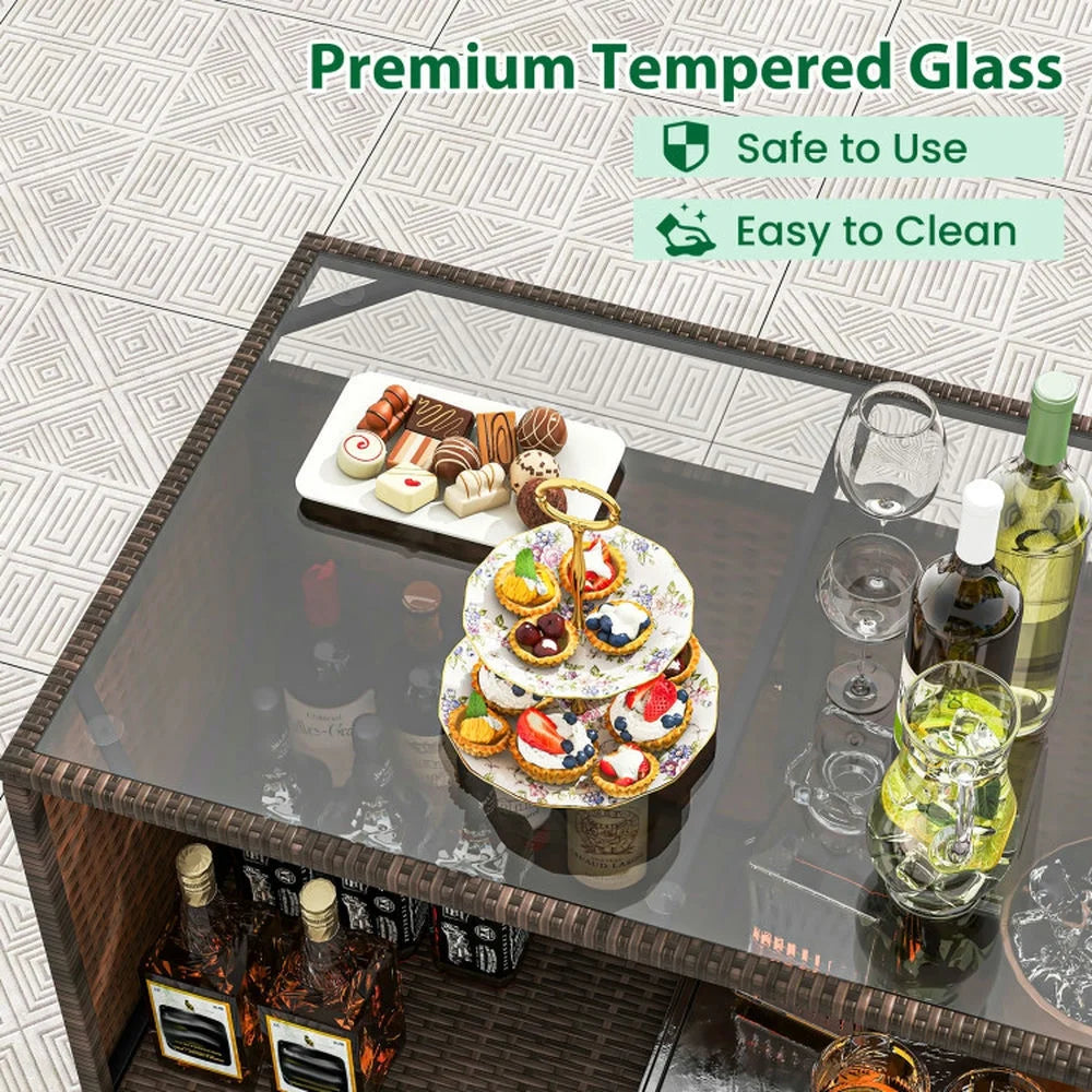 Spaco 3 Pcs Patio Bar Set with Tempered Glass Tabletop, Patio Furniture, Outdoor Furniture for Backyard-Brown
