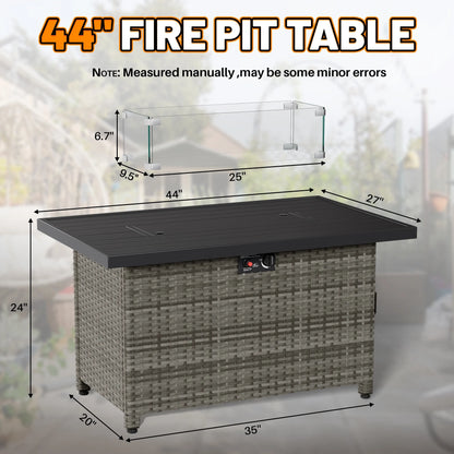 44 Inch Outdoor Wicker Fire Pit Table, 50000 BTU Propane Fire Pits with Glass Wind Guard and Lid, Patio Gas Fire Pit for Outside Patio and Garden(Brown)
