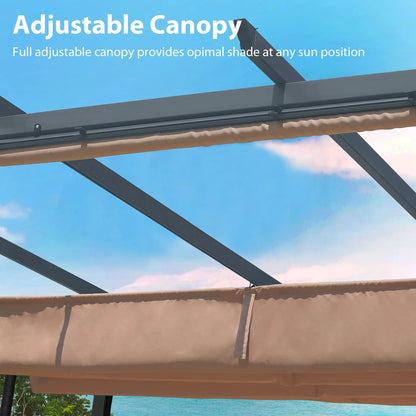 Aoodor 12 x 10 ft Outdoor Pergola with Retractable Shade Canopy, Dark Gray Matte Aluminum Frame, 4 Pieces Roller Shade Curtain, Grape Trellis Pergola for Patio Backyard -Dark Brown