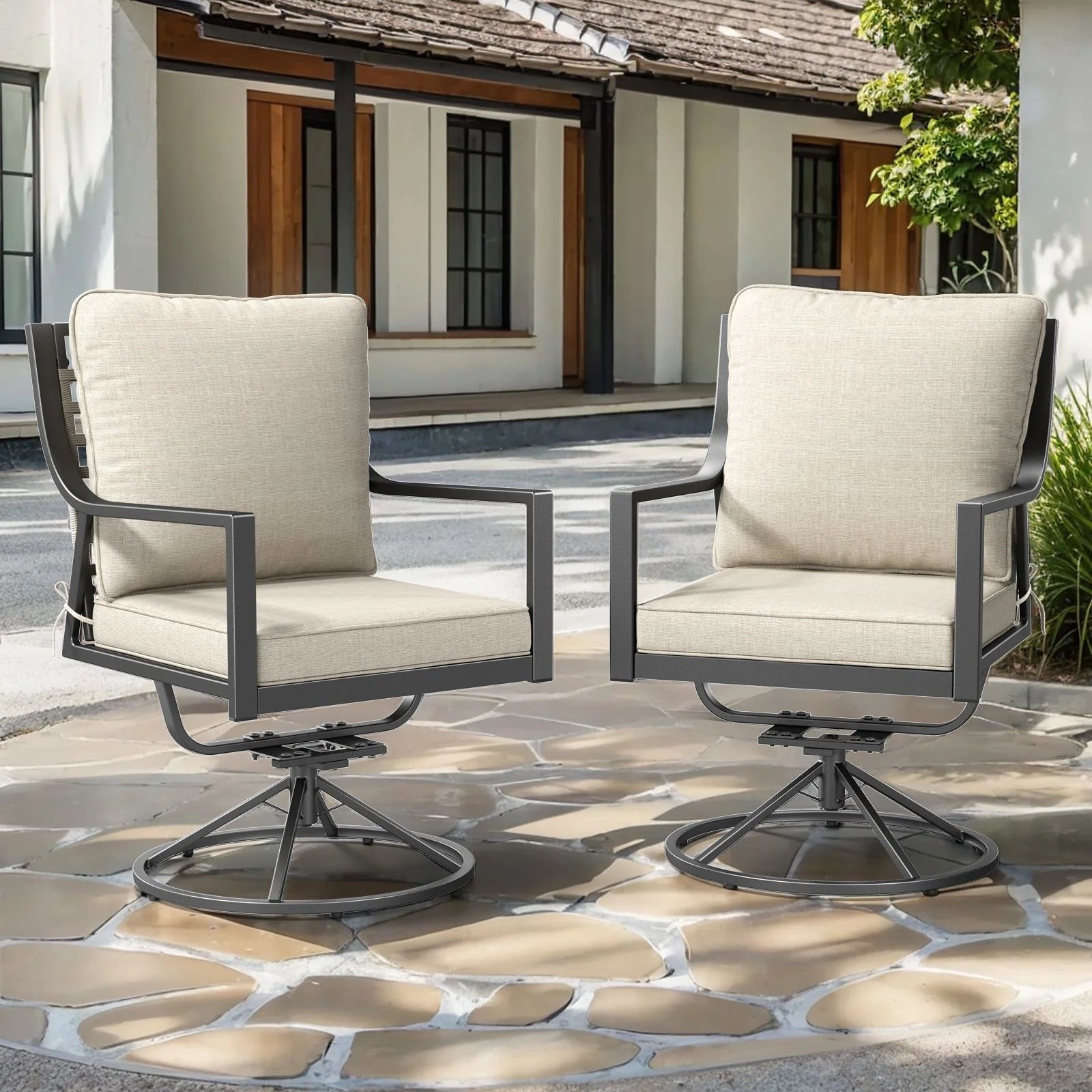 OPOHORO Swivel Rocker Patio Chairs Set of 4, Outdoor PE Wicker Dining Chairs with Beige Olefin Cushions and Gray Metal Frame, 360° Swivel & Rocking Motion for Garden Deck Porch