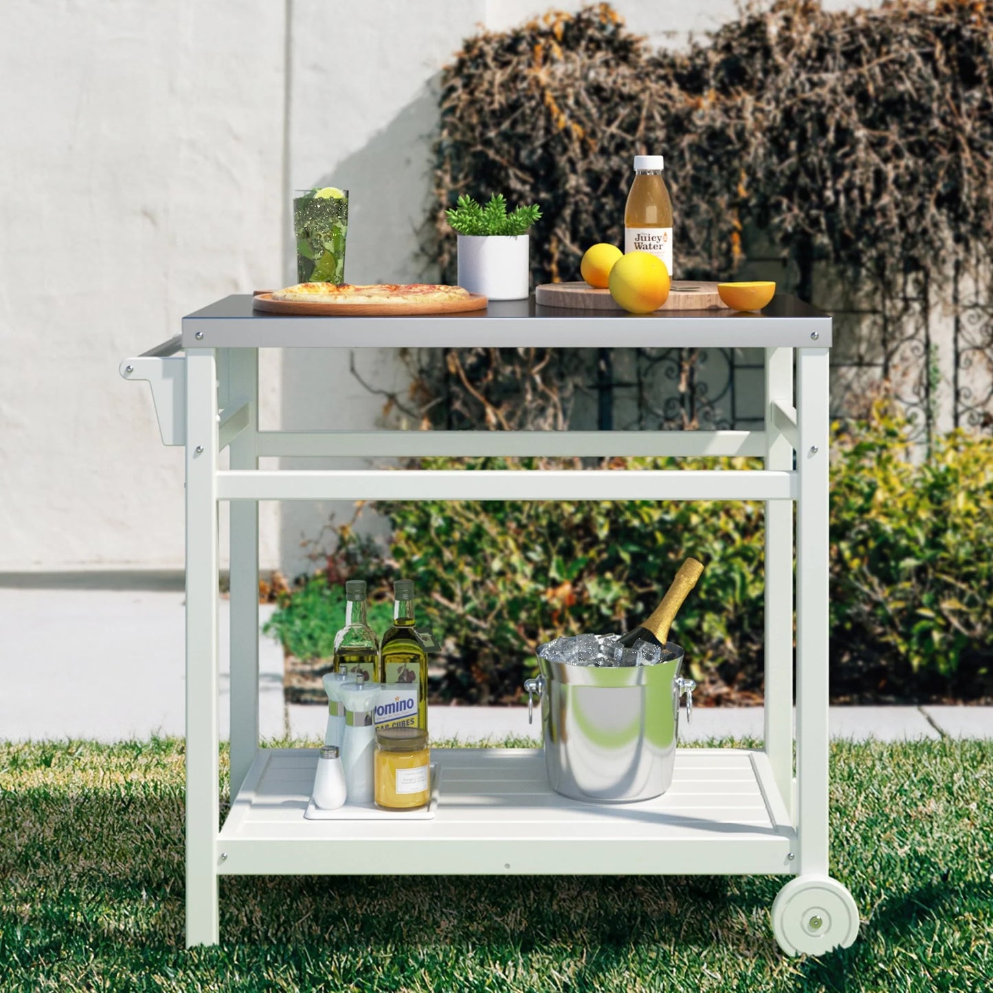 TORVA Outdoor Prep Cart Dining Table for Pizza Oven, Patio Grilling Backyard BBQ Grill Cart, White