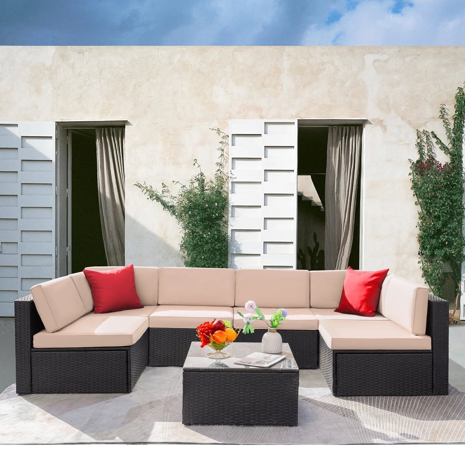 LACOO 7 Pieces Patio Conversation Set Outdoor Sectional Sofa Set PE Rattan, Beige