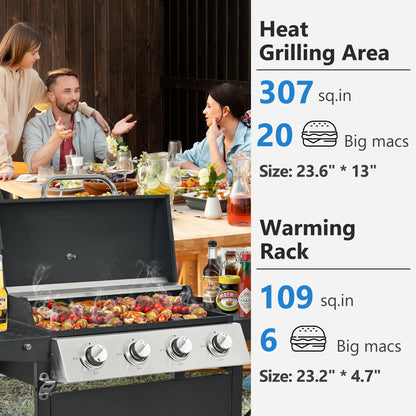 4-Burner Gas Grill with Side Burner, 51,000 BTU Propane BBQ Grill with Porcelain-Enameled Cast Iron Grates, Built-in Thermometer, Ideal for Patio Camping Outdoor Cooking