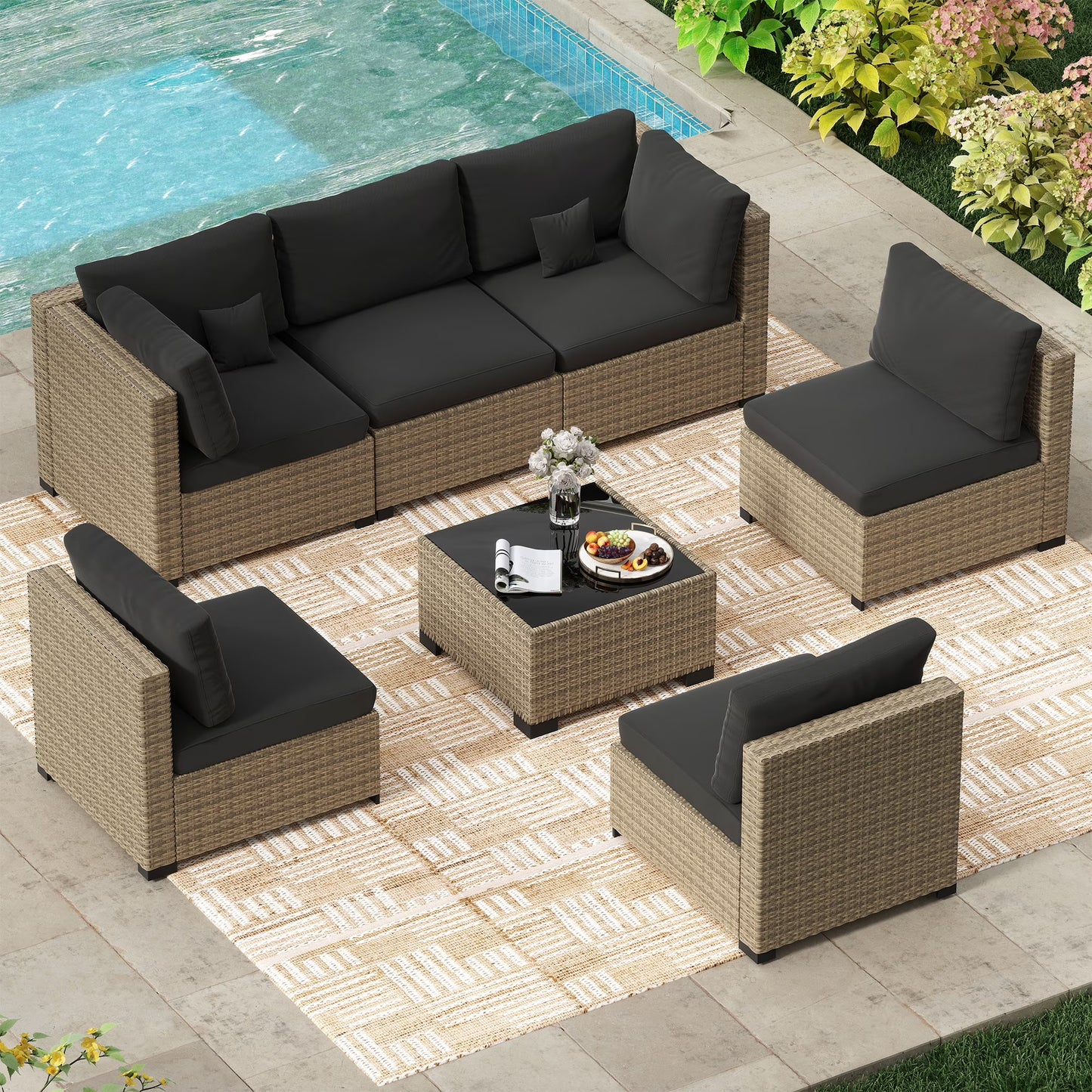 7 Piece Patio Furniture Set, Outdoor Furniture Patio Sectional Sofa, All Weather PE Rattan Outdoor Sectional with Cushion and Coffee Table.