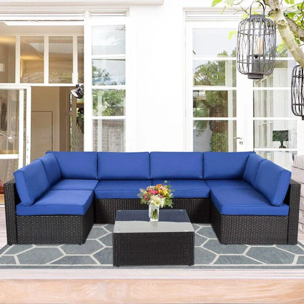 Kinbor 7pcs Outdoor Patio Rattan Wicker Furniture Sectional Sofa Set with Gray Cushions