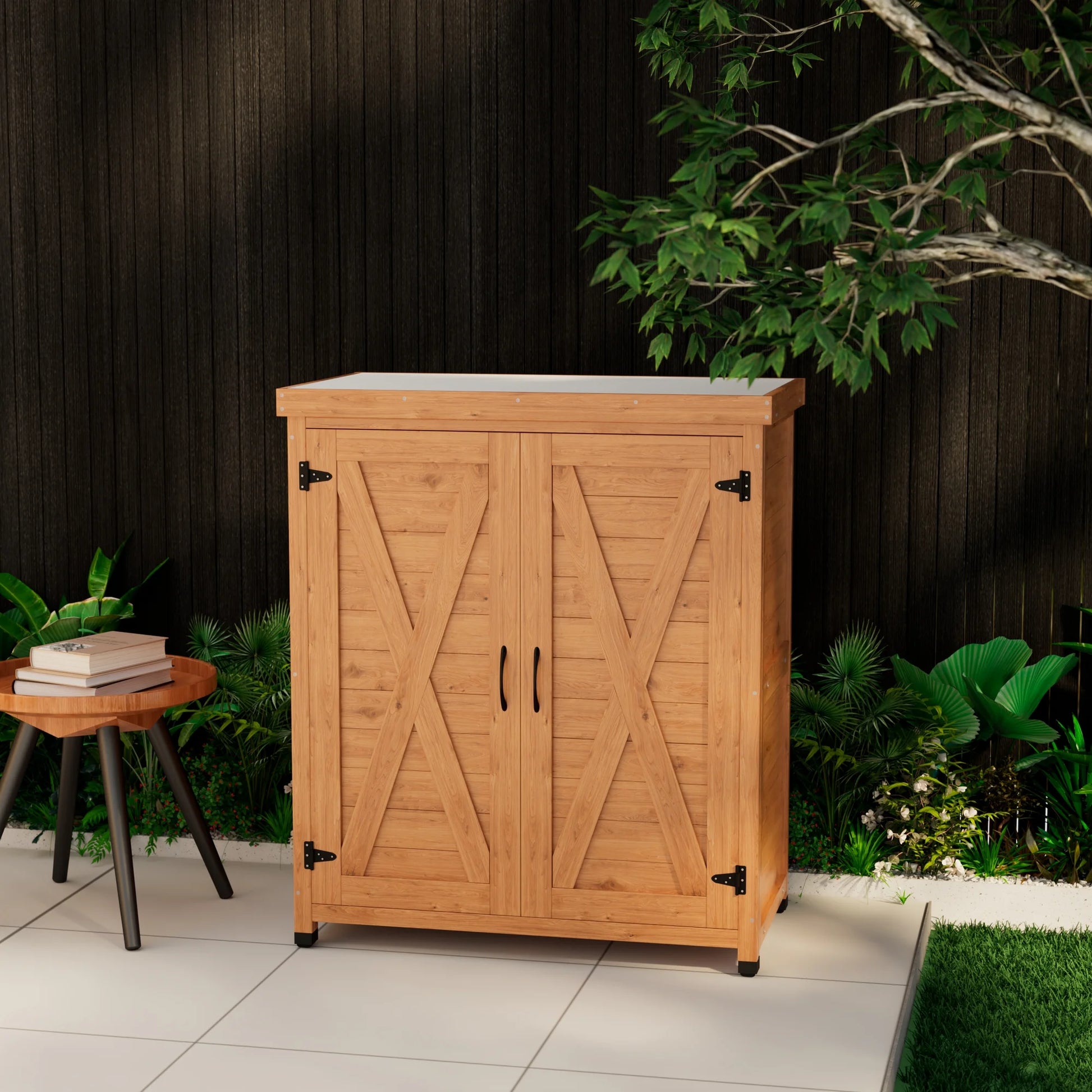 Durable Cedar Potting Bench w/Storage Cabinet & Metal Top - 31" Gray Outdoor Work Station for Patio, Balcony, Garden - Weather-Resistant, Stable X-Design