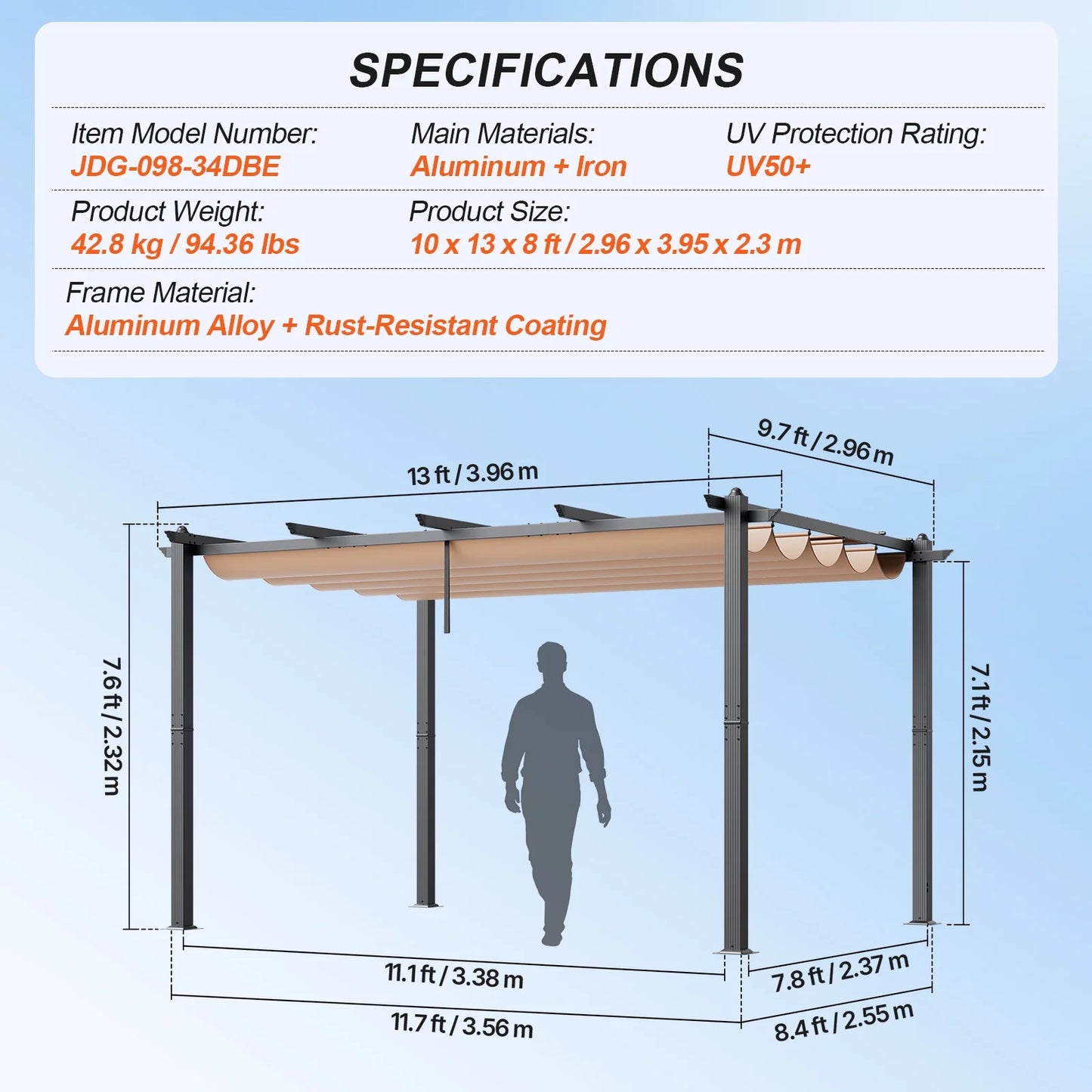 VEVOR 10'x13' Outdoor Retractable Pergola with Canopy, Aluminum Pergola with Retractable Canopy, Modern Pergola with Sun Shade Canopy for Patios, Gardens, Decks, Backyards (Beige)