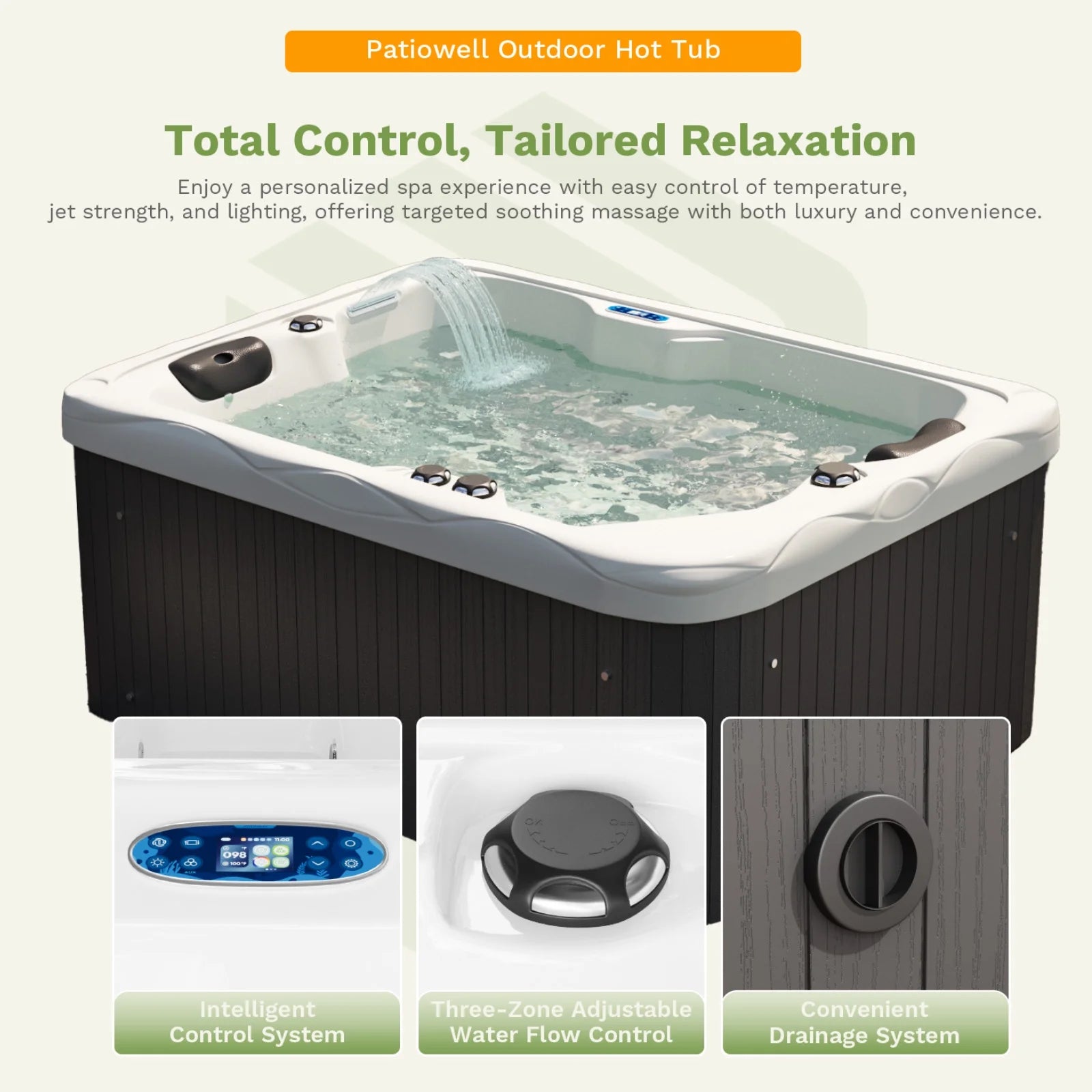 Patiowell 2 Person Home Spa Hot Tub for Outdoor, with 41pcs Massage Jets, LED lighting, Built-In Water Purification System, 900L, Black