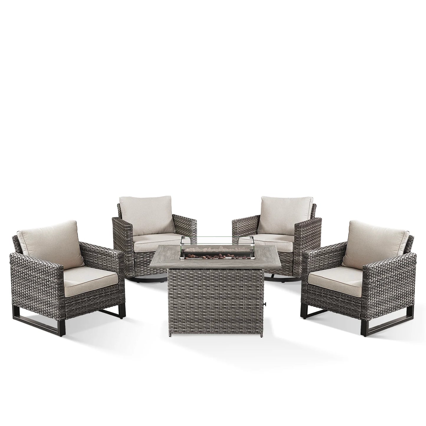 Gymojoy 5 Pieces Outdoor Swivel Rocker Chairs Patio Furniture Set with Gas Fire Pit Table, Wicker Patio Conversation Fire Pit Table Set for Garden, Deck, Porch, Backyard,Beige