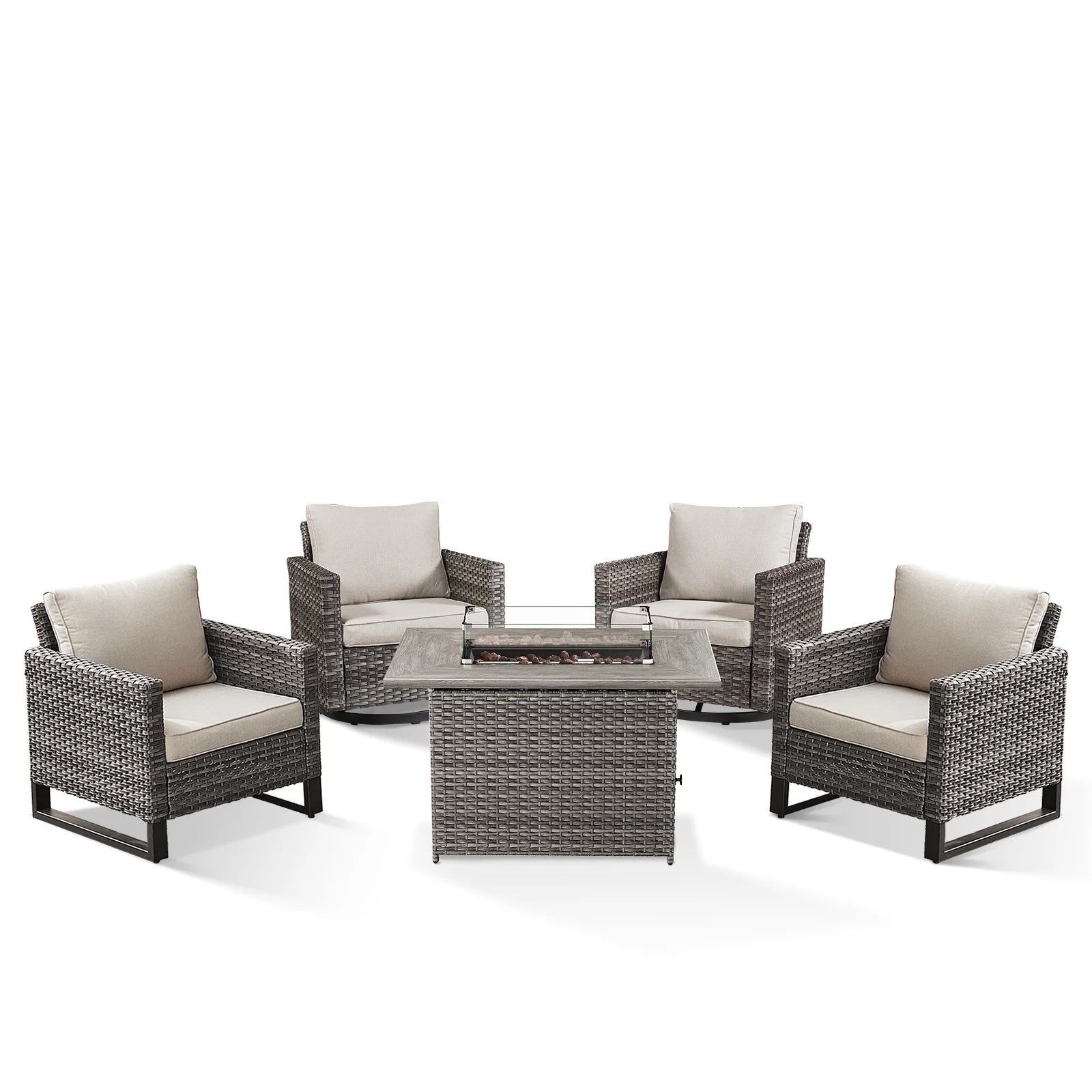 Gymojoy 5 Pieces Outdoor Swivel Rocker Chairs Patio Furniture Set with Gas Fire Pit Table, Wicker Patio Conversation Fire Pit Table Set for Garden, Deck, Porch, Backyard,Beige
