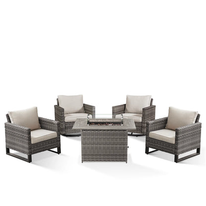 Gymojoy 5 Pieces Outdoor Swivel Rocker Chairs Patio Furniture Set with Gas Fire Pit Table, Wicker Patio Conversation Fire Pit Table Set for Garden, Deck, Porch, Backyard,Beige