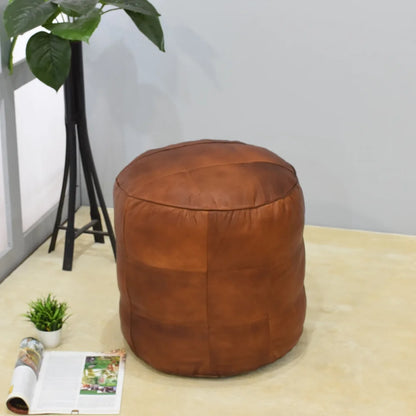 HANDMADE ECO-FRIENDLY ROUND SHAPED STUFFED LEATHER BLACK POUF - 14" x 14" x 14", Round Shape, Black Color, , Seating Pouf For Living Room, Study Room, Patio & Office