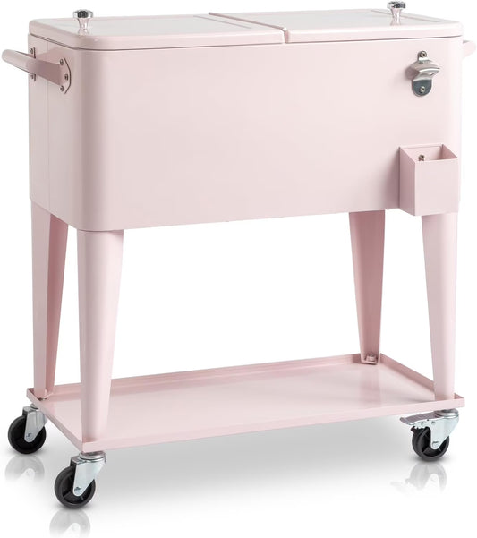 80 Quart Rolling Ice Chest, Portable Bar Drink Cooler with Catch Basin, Bottom Storage Tray and Bottle Opener for Patio Party BBQ Beach Activities