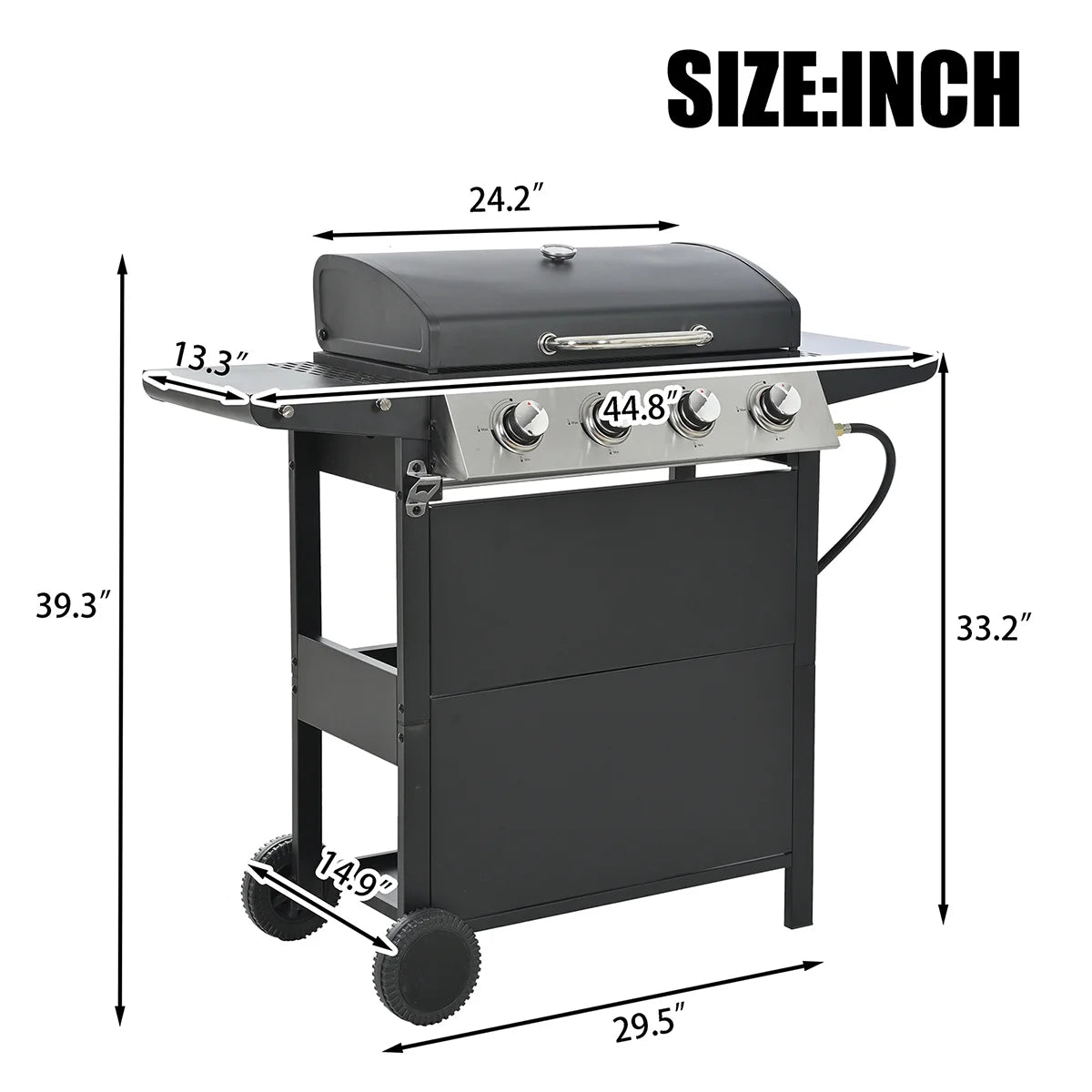 Propane Gas 4 Burner Barbecue Grill, Stainless Steel 34,000 BTU Patio Garden Barbecue Grill with Two Shelves, Lid, Wheels and Bottle Opener