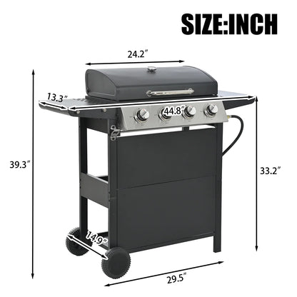 Propane Gas 4 Burner Barbecue Grill, Stainless Steel 34,000 BTU Patio Garden Barbecue Grill with Two Shelves, Lid, Wheels and Bottle Opener