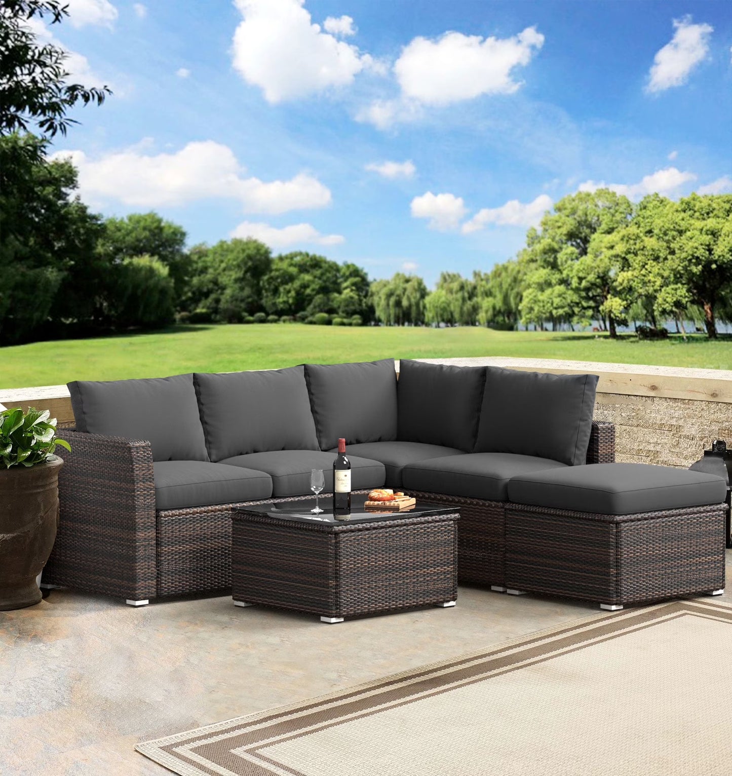 6 Pieces Wicker Patio Furniture Set Outdoor Conversation Set, All Weather PE Rattan Sectional Sofa Couch with Storage Table and Cushions, Beige