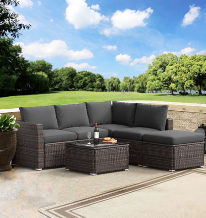 6 Pieces Wicker Patio Furniture Set Outdoor Conversation Set, All Weather PE Rattan Sectional Sofa Couch with Storage Table and Cushions, Beige