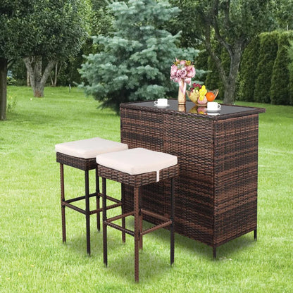 Ktaxon 3PCS Wicker Bar Set Patio Outdoor Table & 2 Stools Furniture Steel, Outdoor Bistro Set w/Wicker Bar Stools