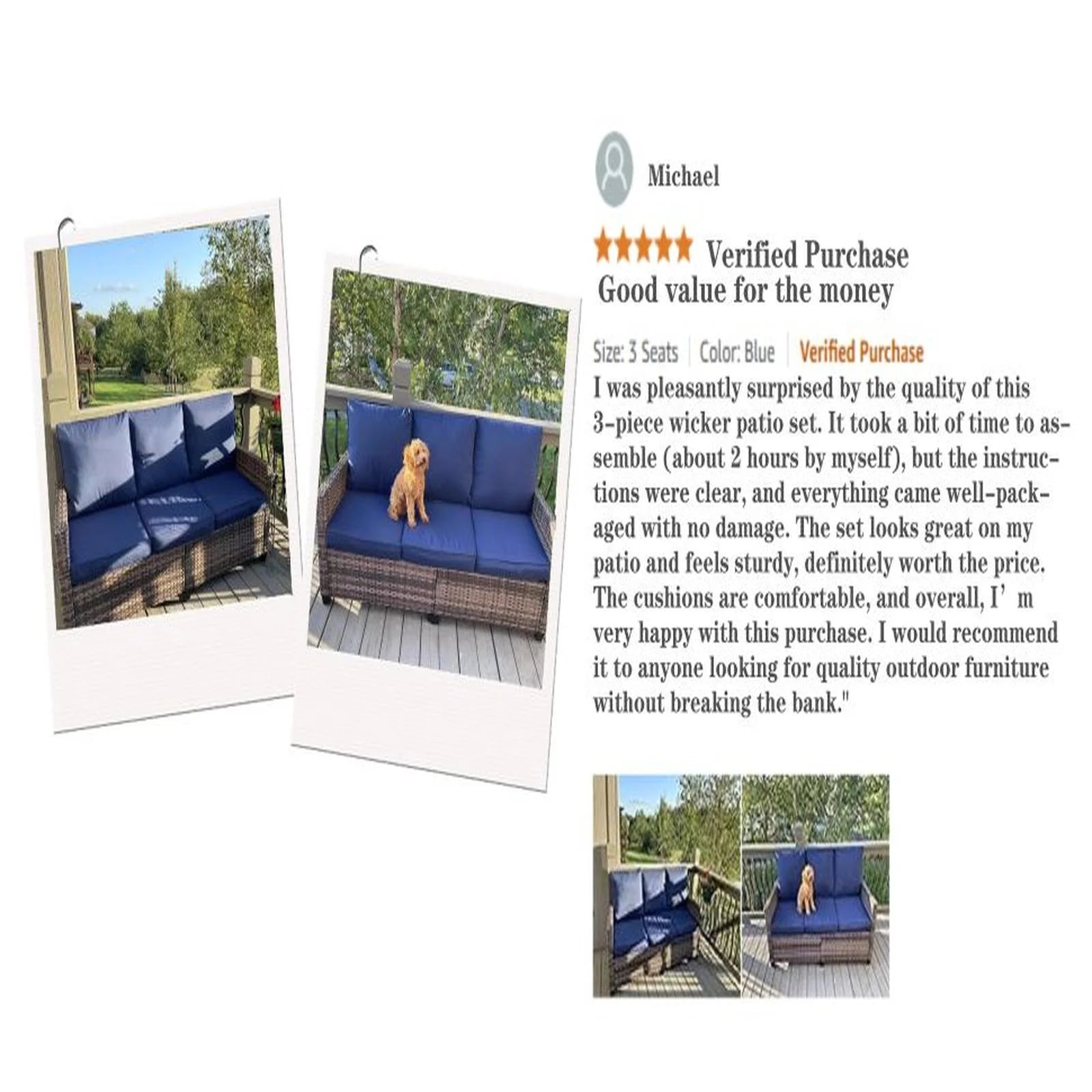 Decksplore All Weather Wicker Patio Couch, 3 Seats Patio Sofa with High Curvy Back, Premium Outdoor Sofa with Brown Wicker and Thick Cushions for Garden, Backyard, Porch Navy Blue