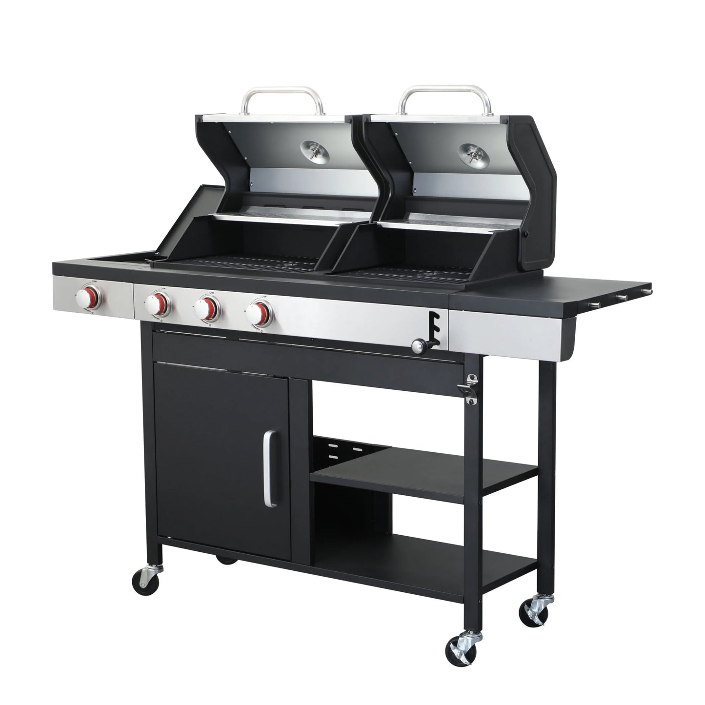 Dual Fuel Outdoor Grill 3 Burner Propane & Charcoal Combo with Side Burner & Porcelain Cast Iron Grates, 37,230 BTUs High-Performance BBQ Grill for Patio Backyard Cooking