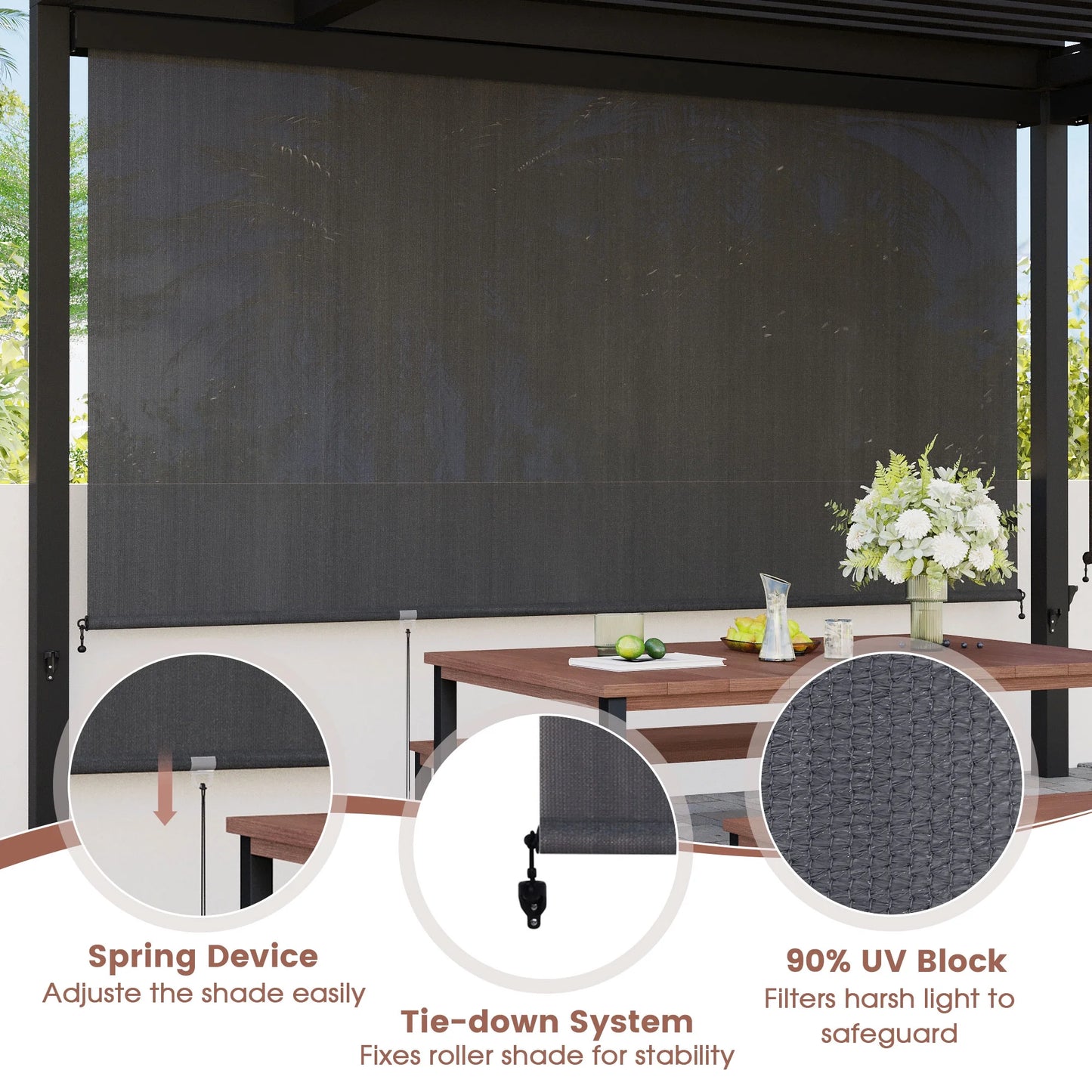 Vicllax Outdoor Patio Blinds Sun Shades Spring Roller Shade with Valance for Patio, Gray, 8'Wx8'H