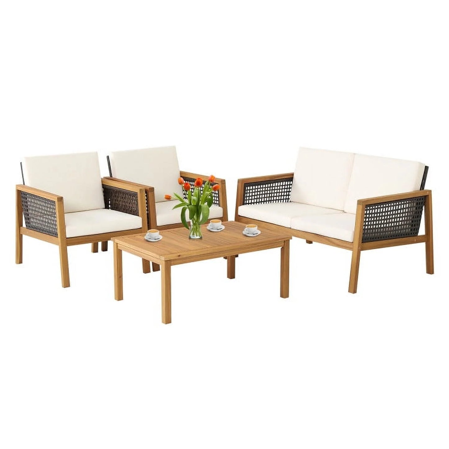 Kadyn Garden Conversation Table Set, Conversation Loveseat Chairs Set, 4 Pieces Patio Rattan Furniture Set with Removable Cushions-White