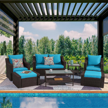 CozyHom 7 Piece Outdoor Patio Furniture Sofa Set, Outside Sectional Sofa Rattan Wicker Dining Furniture Conversation Couch Sets with Ottoamns, Blue