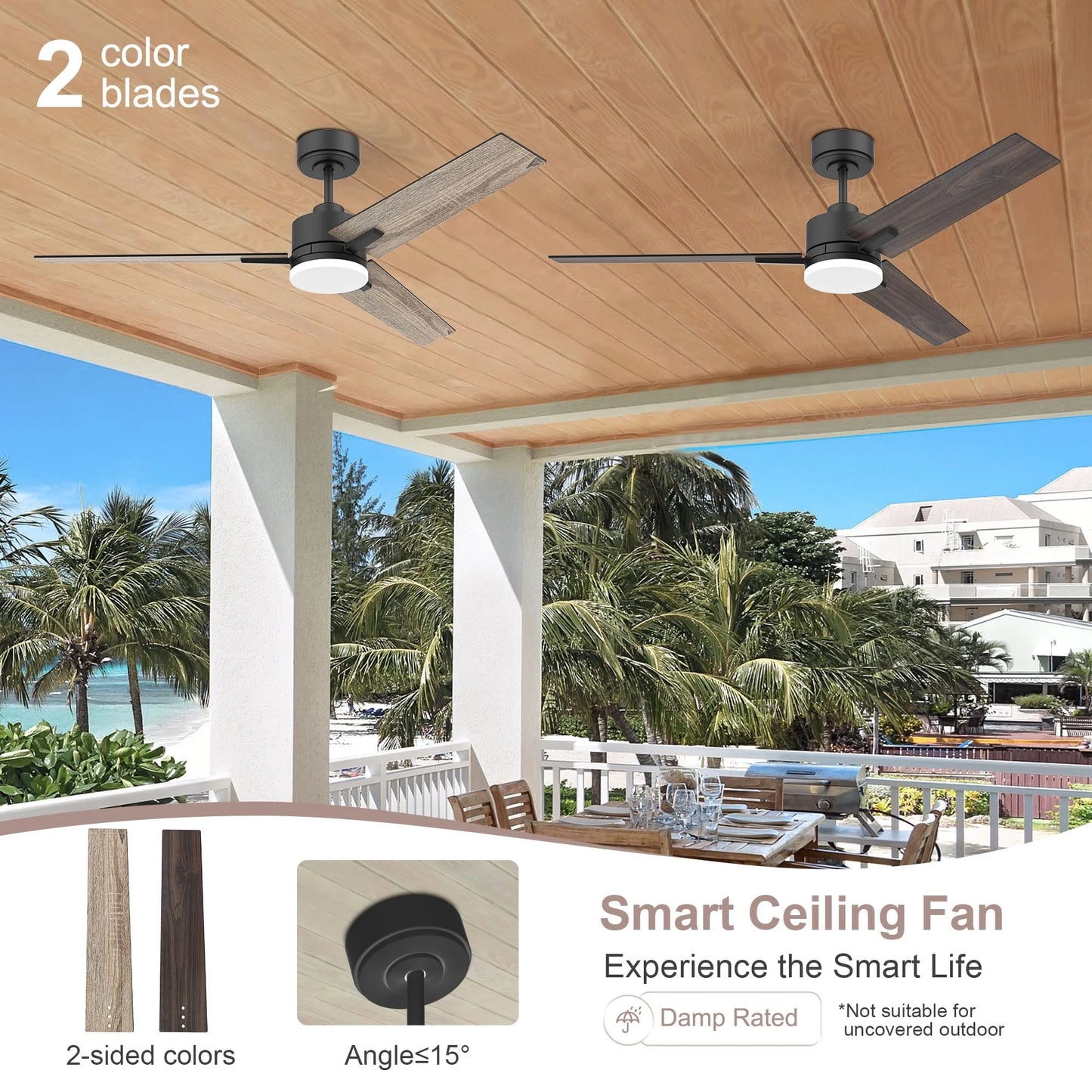 52 Inch Black and Walnut Brown Smart Ceiling Fan with LED Lights Remote,for Bedroom Patio Porch