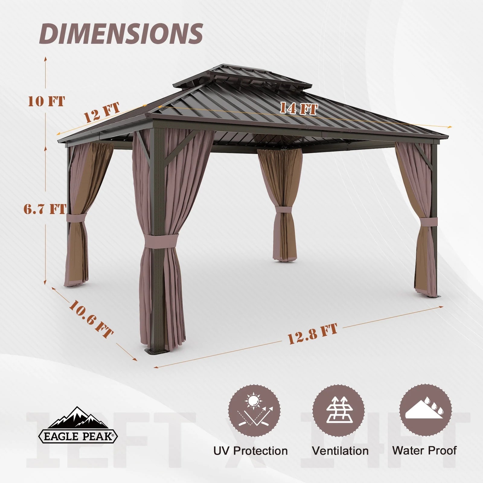EAGLE PEAK 12x14 Outdoor Patio Hardtop Gazebo with Galvanized Steel Double Roof, Netting & Curtains