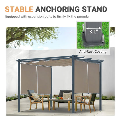 BPS 10'x10' Outdoor Retractable Pergola with Sun Shade Canopy & Curtains, Patio Aluminum Pergola Gazebos for Backyard Deck Garden, Dark Gray