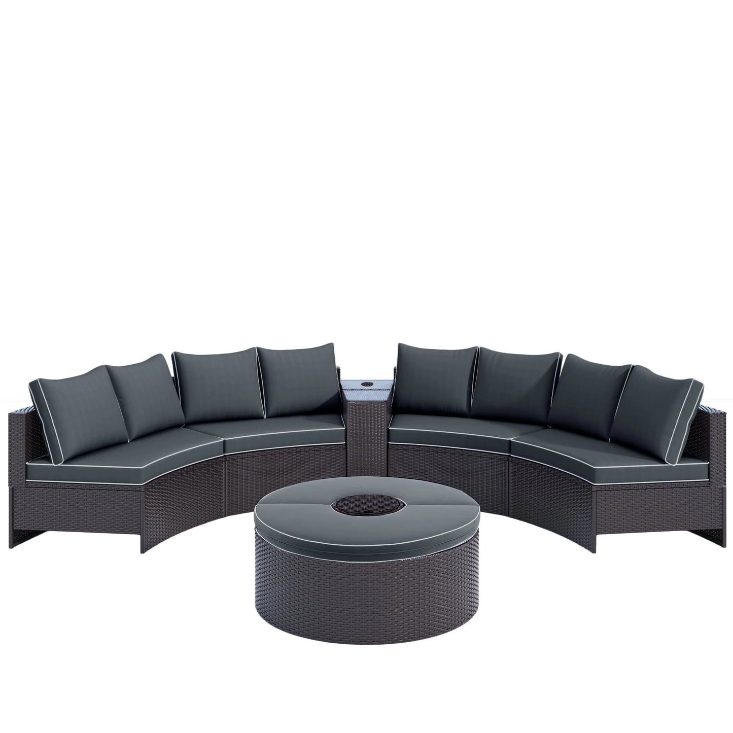 BTMWAY 6 Piece Outdoor Patio Sofa Furniture Set, BTMWAY PE Wicker Half Moon Outdoor Sectional Sofa Set with Side Table for Umbrella, Multifunctional Round Table, Gray Cushions, Pillows, Brown Rattan