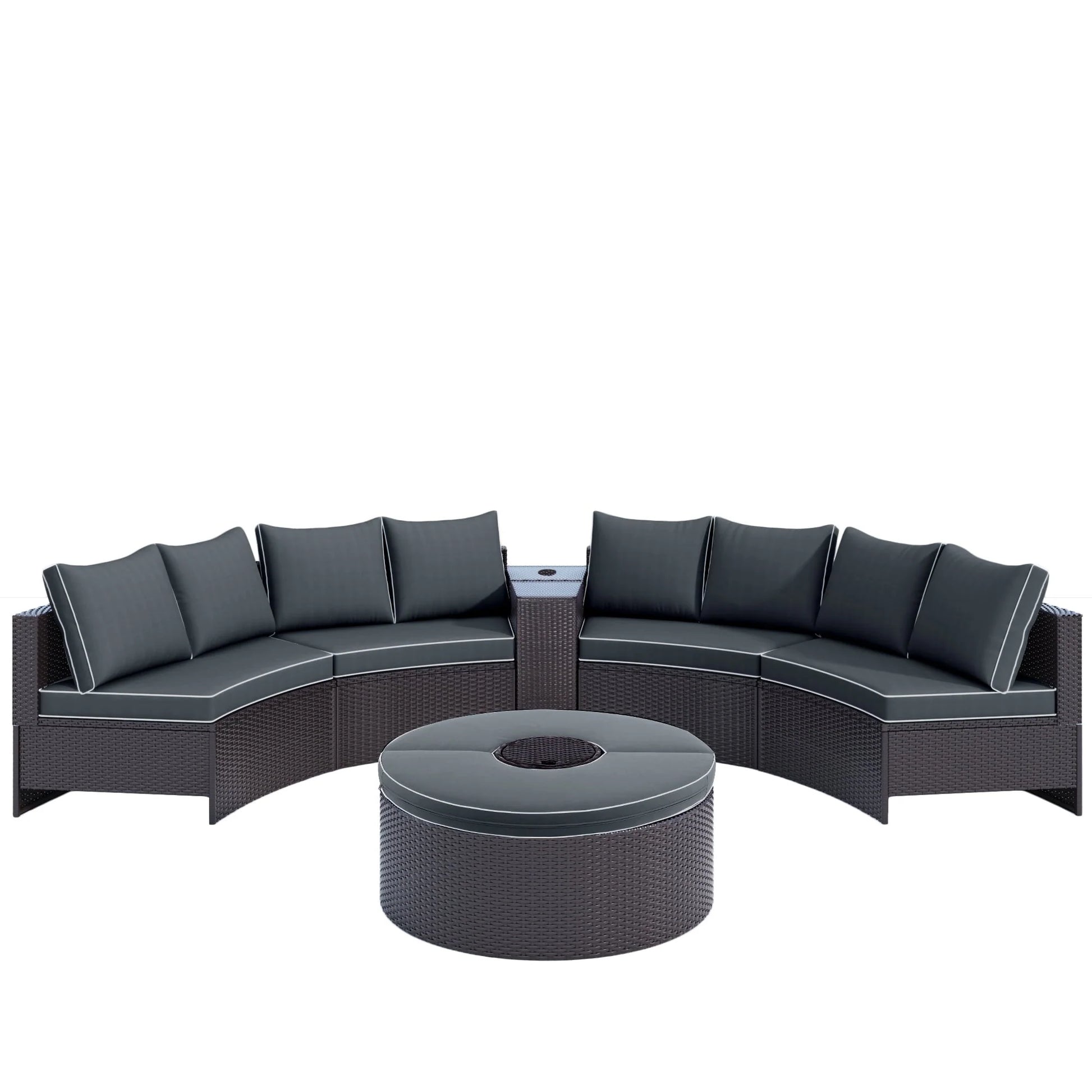 BTMWAY 6 Piece Outdoor Patio Sofa Furniture Set, BTMWAY PE Wicker Half Moon Outdoor Sectional Sofa Set with Side Table for Umbrella, Multifunctional Round Table, Gray Cushions, Pillows, Brown Rattan