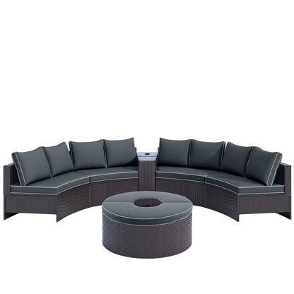 BTMWAY 6 Piece Outdoor Patio Sofa Furniture Set, BTMWAY PE Wicker Half Moon Outdoor Sectional Sofa Set with Side Table for Umbrella, Multifunctional Round Table, Gray Cushions, Pillows, Brown Rattan