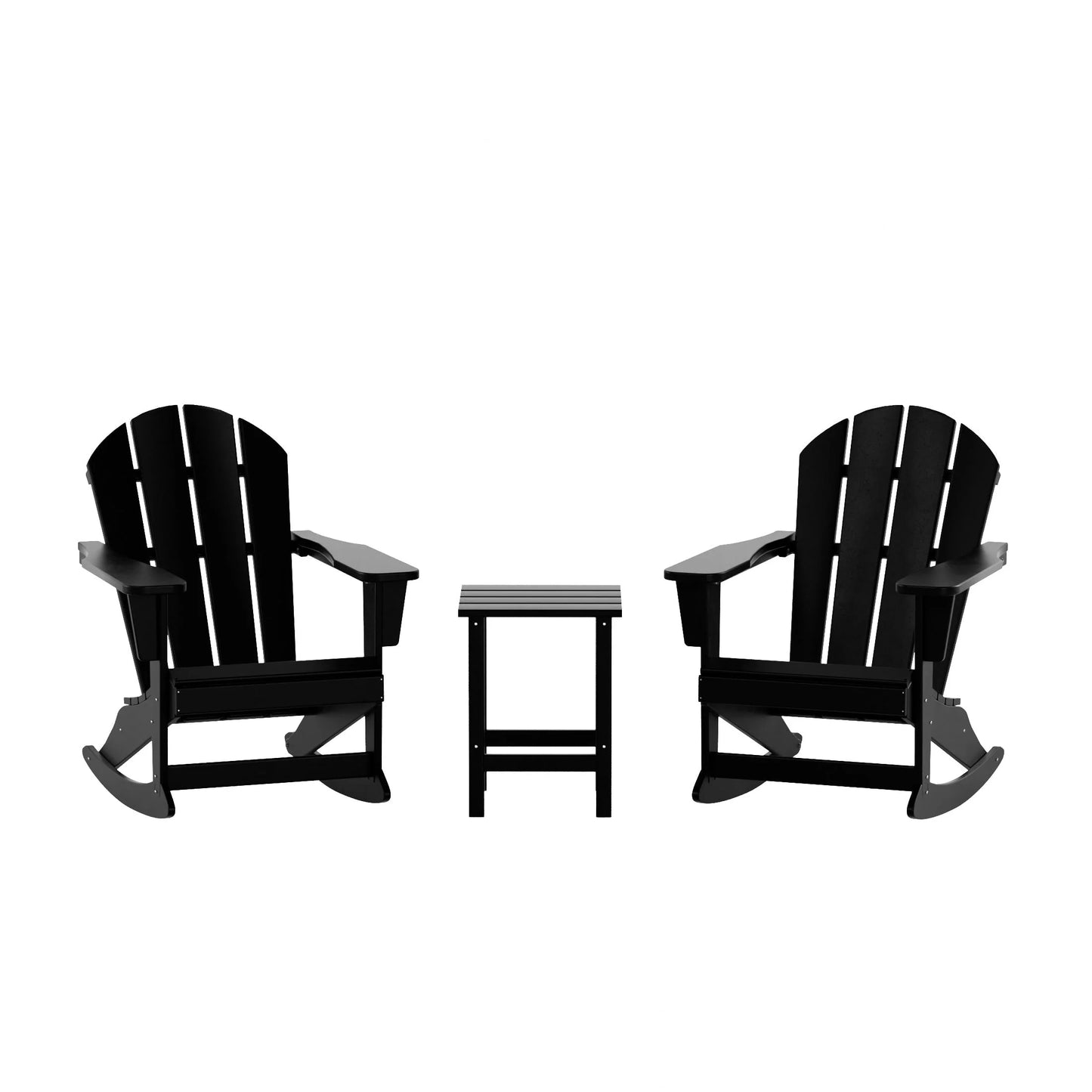 WestinTrends Malibu 3 Piece Outdoor Rocking Chair Set, All Weather Poly Lumber Porch Patio Adirondack Rocking Chair Set of 2 with Side Table, Black