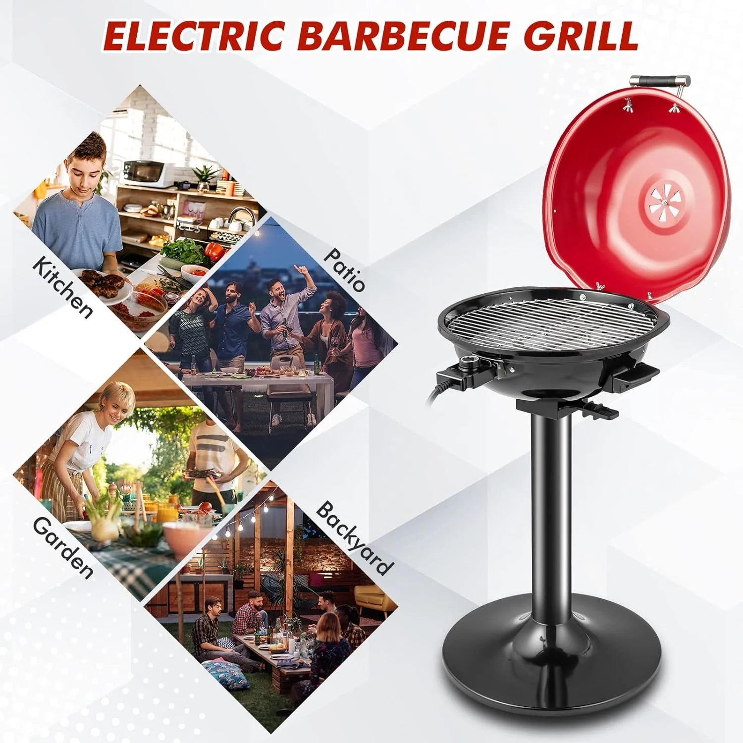 NALYL 1600W Outdoor Electric Grill BBQ Grill for 15-Serving, Electric Barbecue Grill for Indoor & Outdoor Use, Portable Stand BBQ Grill for Patio Balcony Kitchen Garden