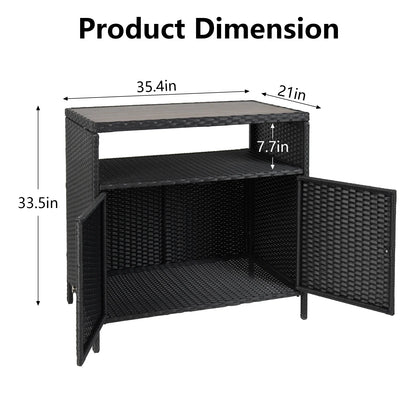 Faitaliicy Outdoor Wicker Rattan Storage Cabinet With Shelf Powder Coated Steel Patio Storage Box Bar Table With 2-Door Outdoor Freestanding Storage Unit For Patio Pool Garden Indoor Kitchen