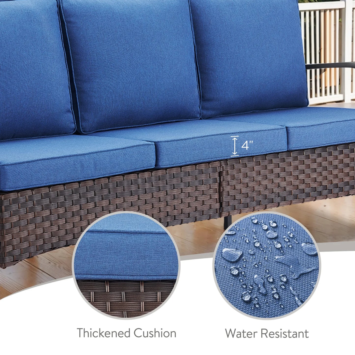 OPOHORO 3-Piece Outdoor Patio Furniture Set, 75-Inch Wicker Sofa with 2 Ottomans, Brown Rattan Couch with Blue Cushions for Deck or Backyard