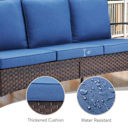 OPOHORO 3-Piece Outdoor Patio Furniture Set, 75-Inch Wicker Sofa with 2 Ottomans, Brown Rattan Couch with Blue Cushions for Deck or Backyard