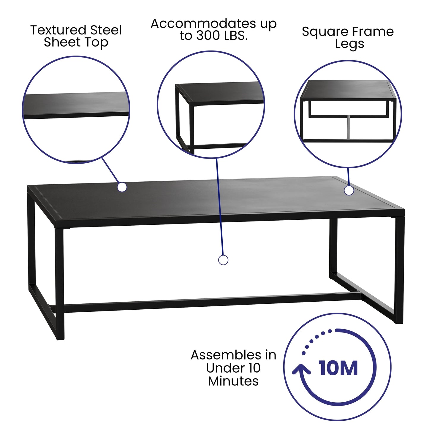 BizChair Outdoor Patio Coffee Table Commercial Grade Black Coffee Table for Deck, Porch, or Poolside - Steel Square Leg Frame