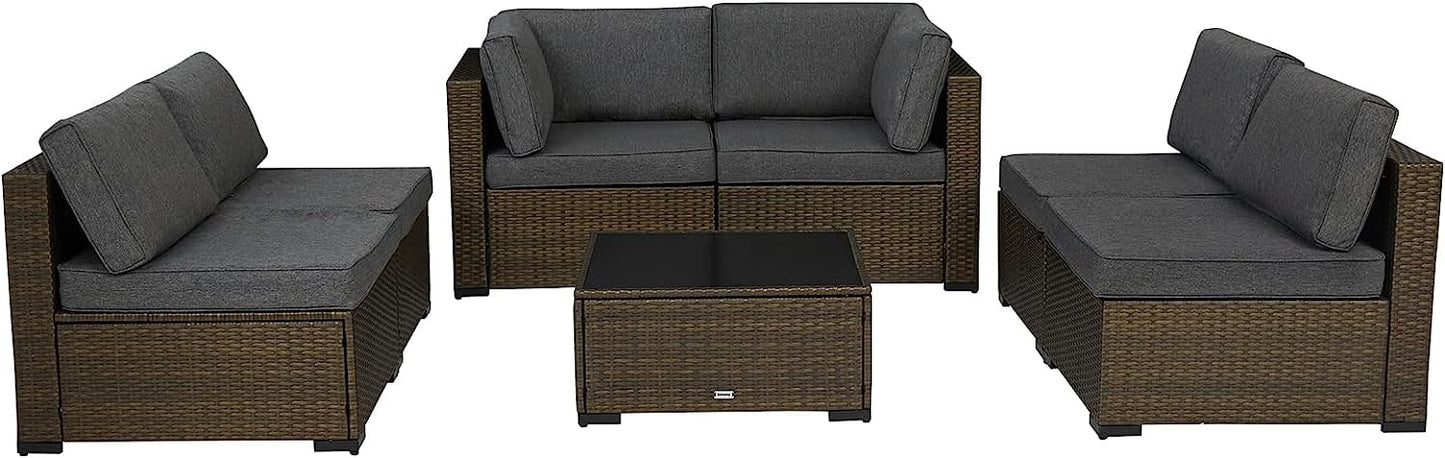 Kinbor 7pcs Patio Rattan Wicker Rattan Outdoor Sectional Sofa Set with Gray Cushions