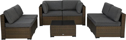 Kinbor 7pcs Patio Rattan Wicker Rattan Outdoor Sectional Sofa Set with Gray Cushions