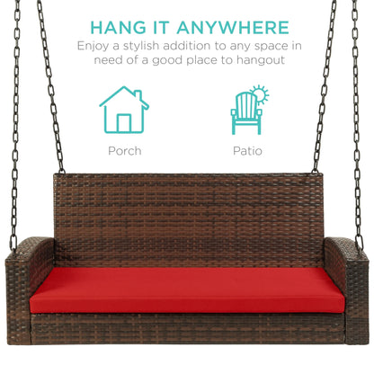 Best Choice Products Woven Wicker Hanging Porch Swing Bench for Patio, Deck w/Mounting Chains, Seat Cushion - Gray/Navy