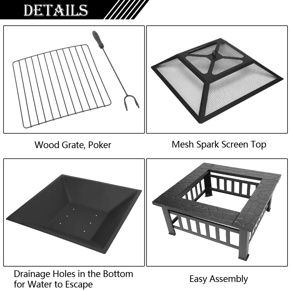 Ktaxon Gardens 32" Outdoor Metal Firepit Backyard Patio Garden Square Stove Fire Pit