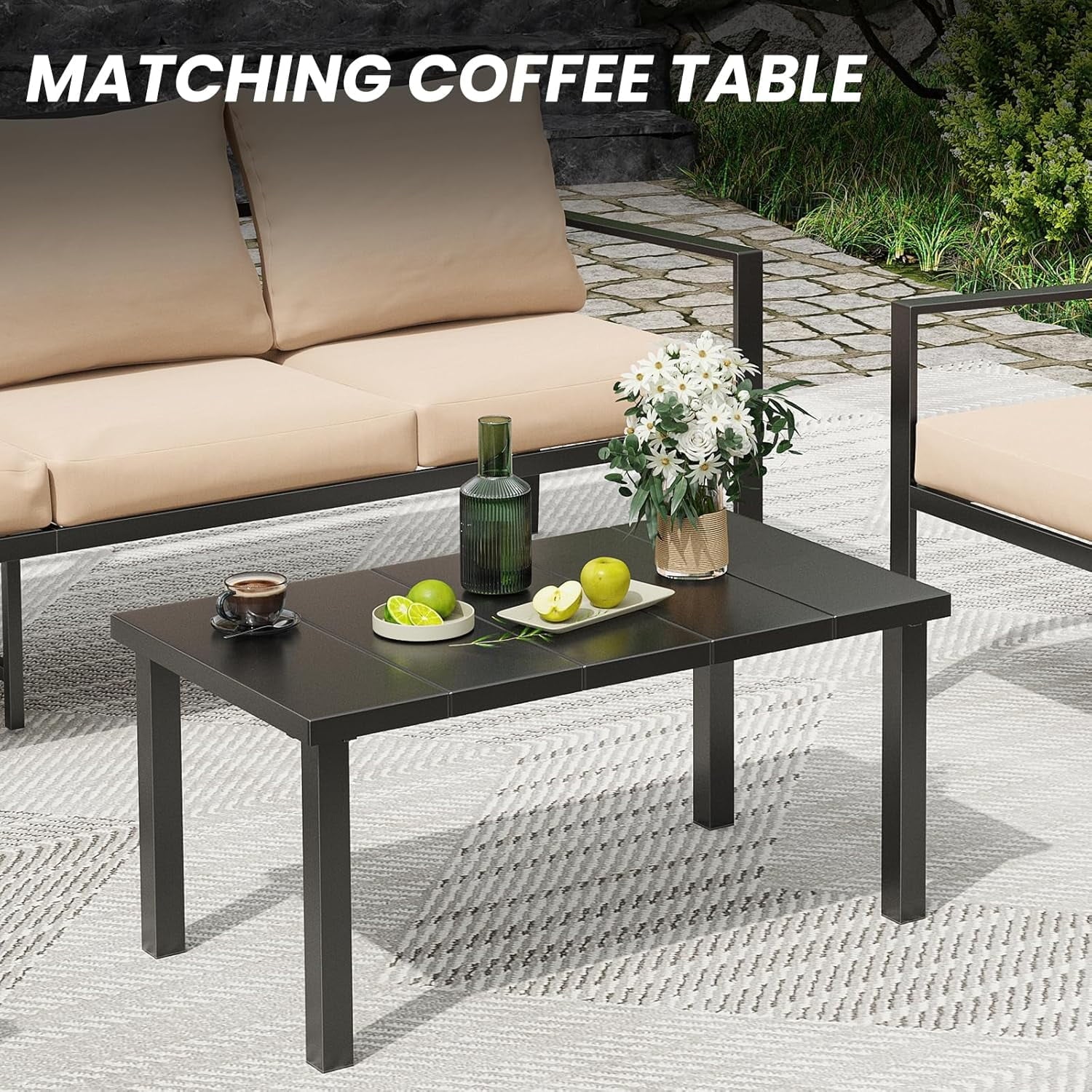 Farini Outdoor conversation sets, 4 Pieces Metal Patio Furniture Set with 2 Single Chairs, 3-Seat Sofas & Coffee Table, for Garden, Backyard, Balcony (Beige)